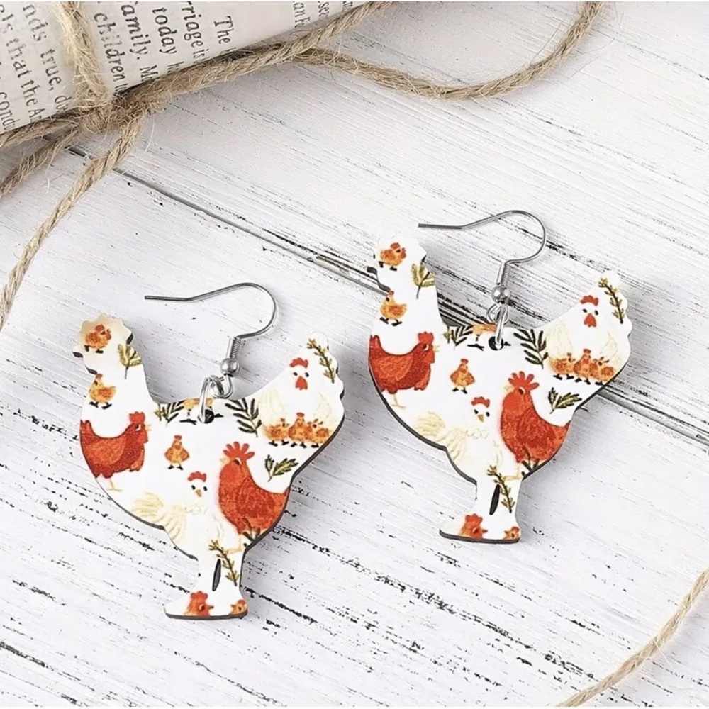 Chicken Earrings- Wooden- Dangle- Farm Life- Super cute!